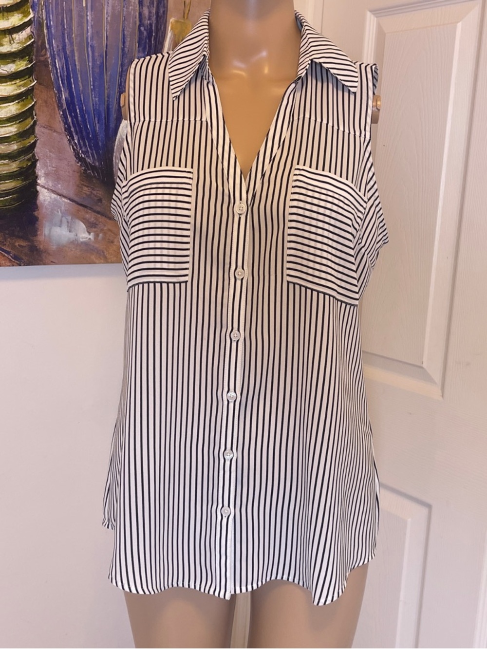 Express Black and White Vertical Stripe Sleeveless Button-Up Blouse